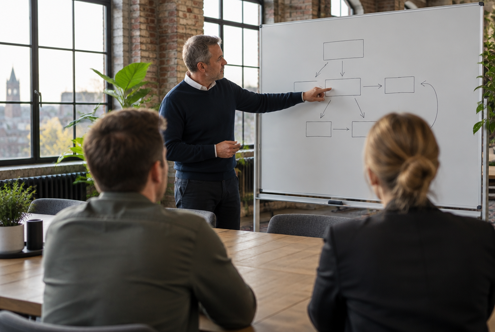 Interim-manager wijst bij een whiteboard een schema aan tijdens een overleg in een licht kantoor