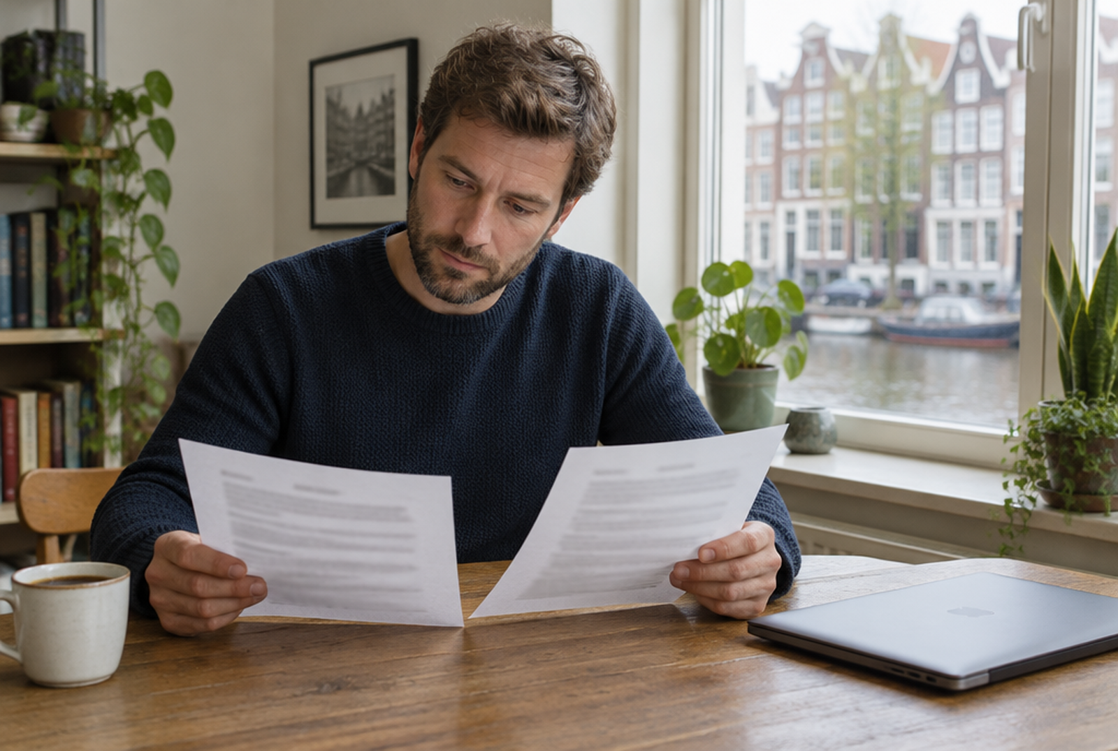 Zzp'er aan de keukentafel vergelijkt twee documenten naast elkaar